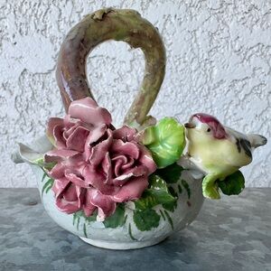 VTG Mid-century Italian Capodimonte Style Porcelain Basket Floral Cottagecore